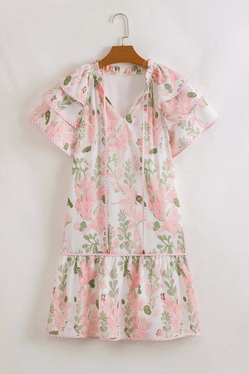 Pink Floral Contrast Edge Layered Short Sleeve Mini Dress - Love Salve